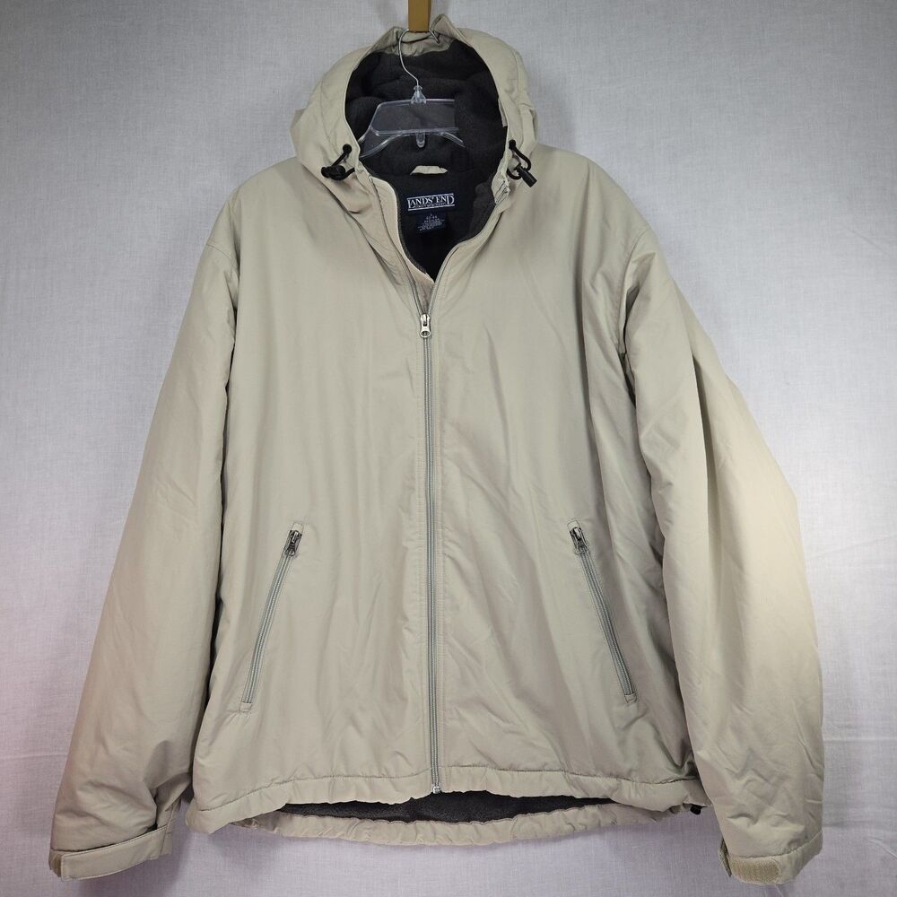 Lands End Jacket Mens Large Khaki Tan Beige Hood Fleece Lined Gorpcore Preppy